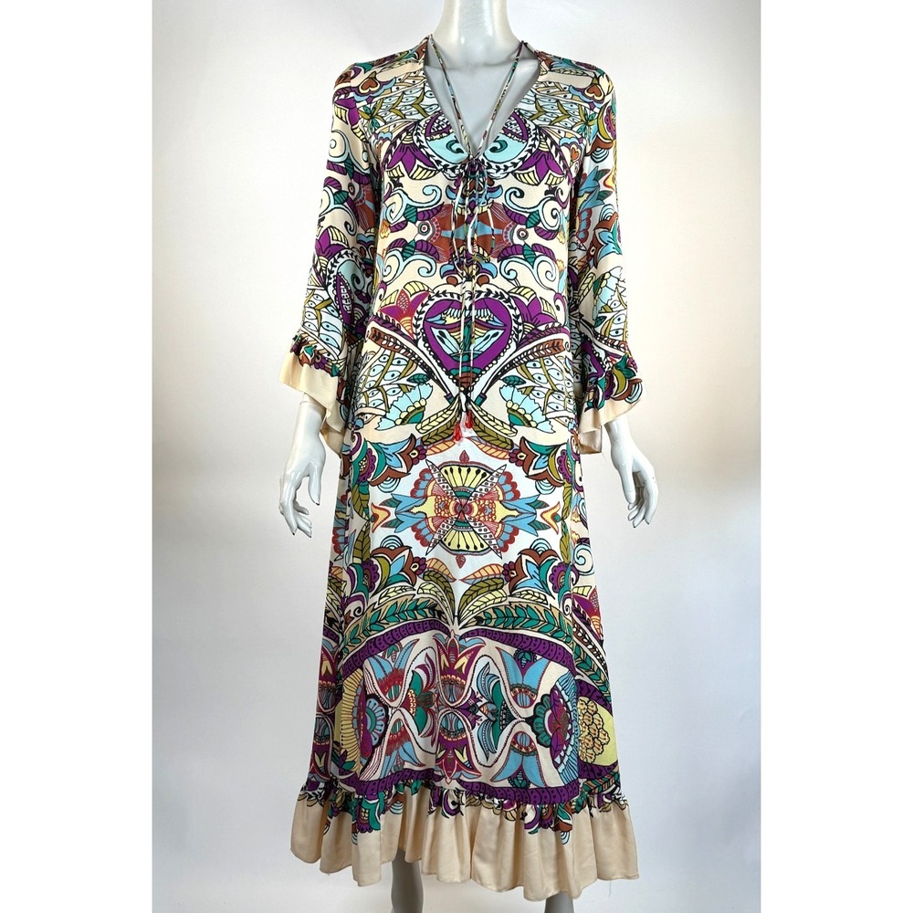 Zara Paisley Midi Dress Women XS Long Sleeve V-neck Tasseled Blogger Fave